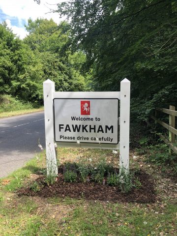 photo showing village sign saying welcome to Fawkham